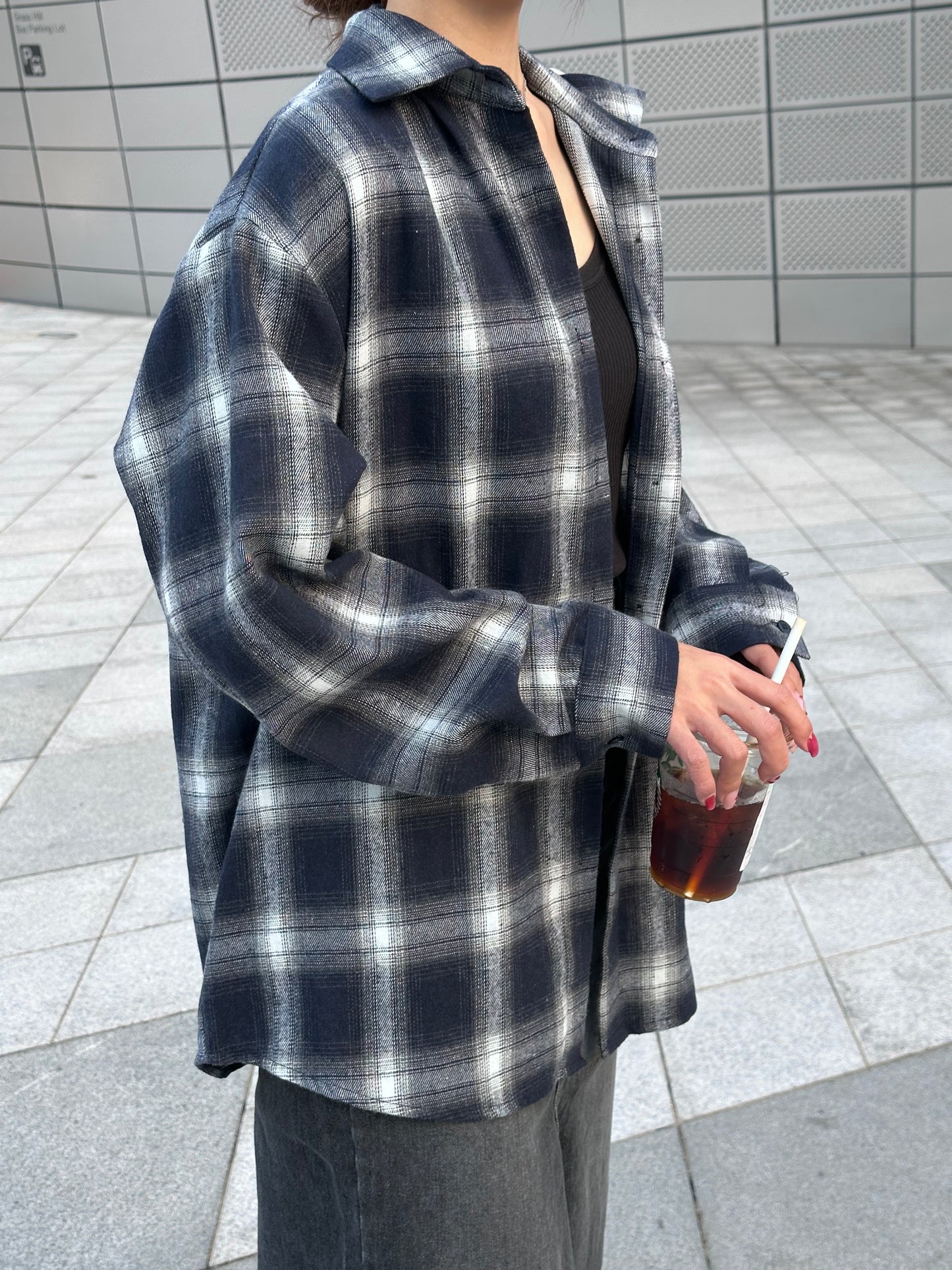 深藍色格仔棉質開胸上衣