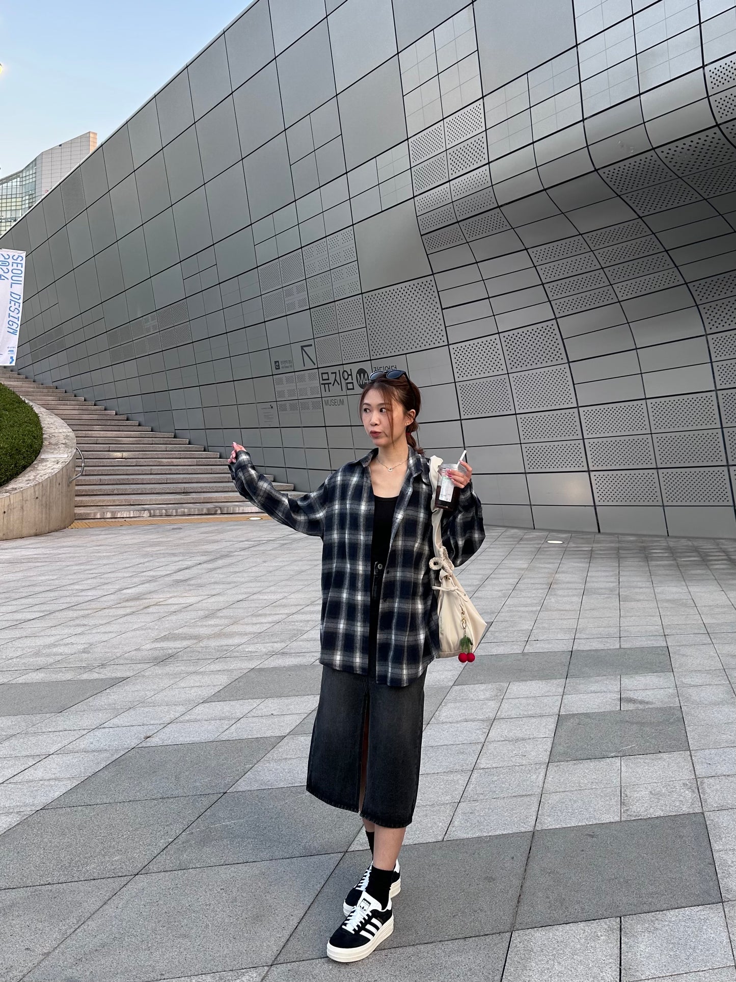 深藍色格仔棉質開胸上衣