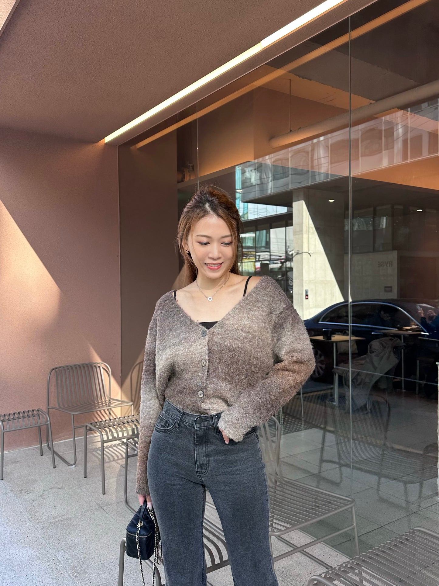 啡色漸變開胸毛衣