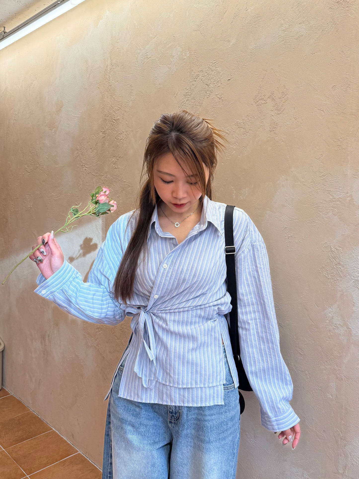 直間條紋修腰綁帶襯衣