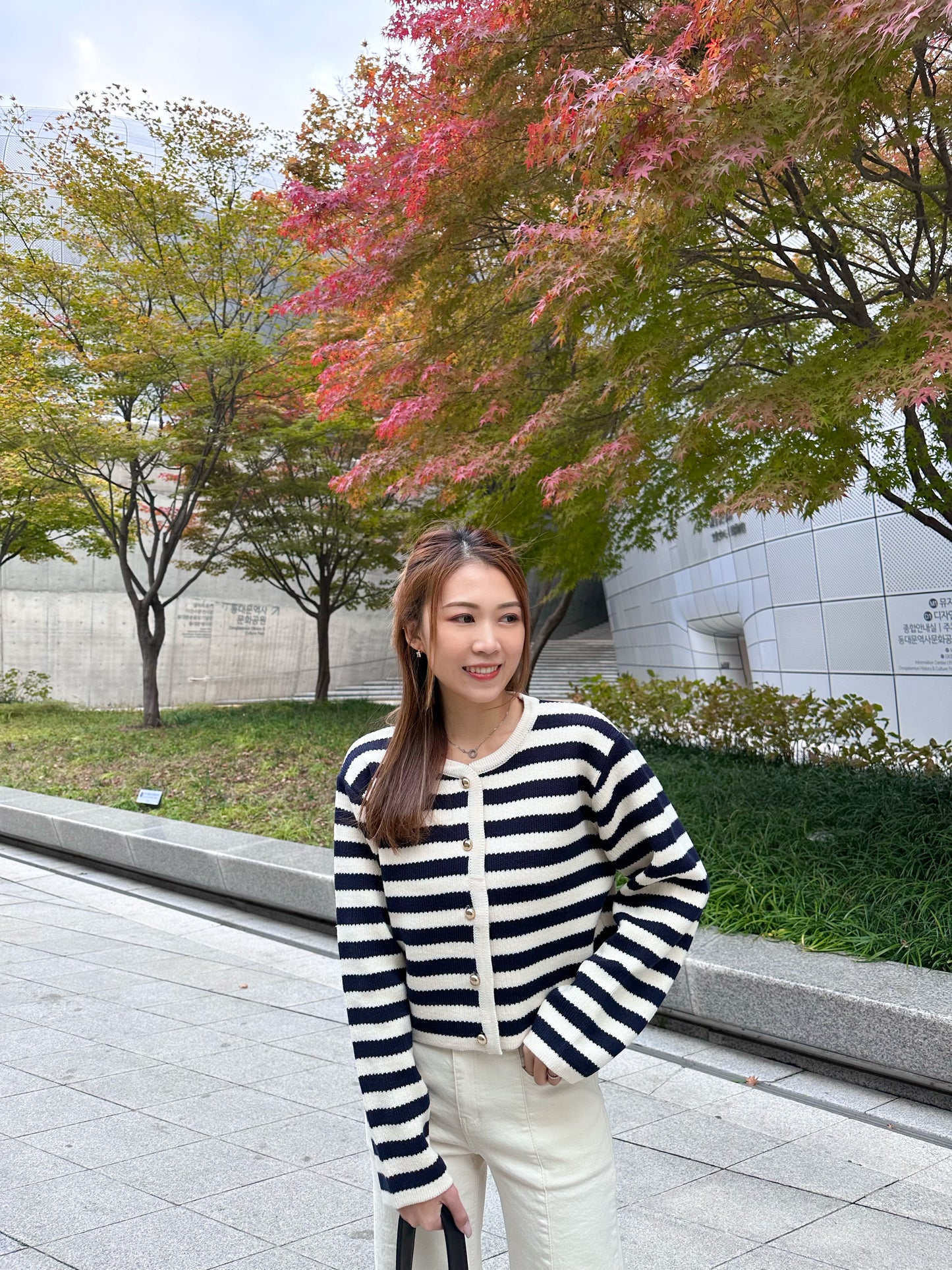 深藍白橫間開胸金扣外套