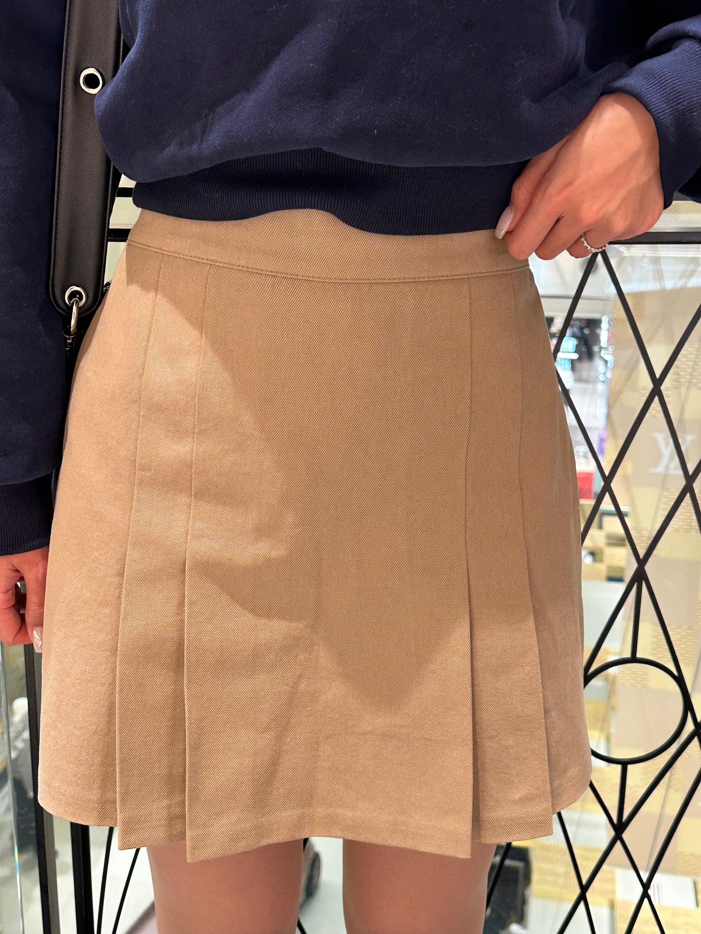 牛仔布卡其色橡筋腰百摺短裙