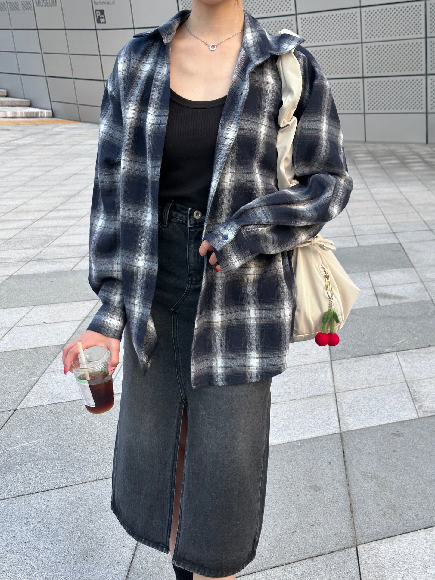深藍色格仔棉質開胸上衣