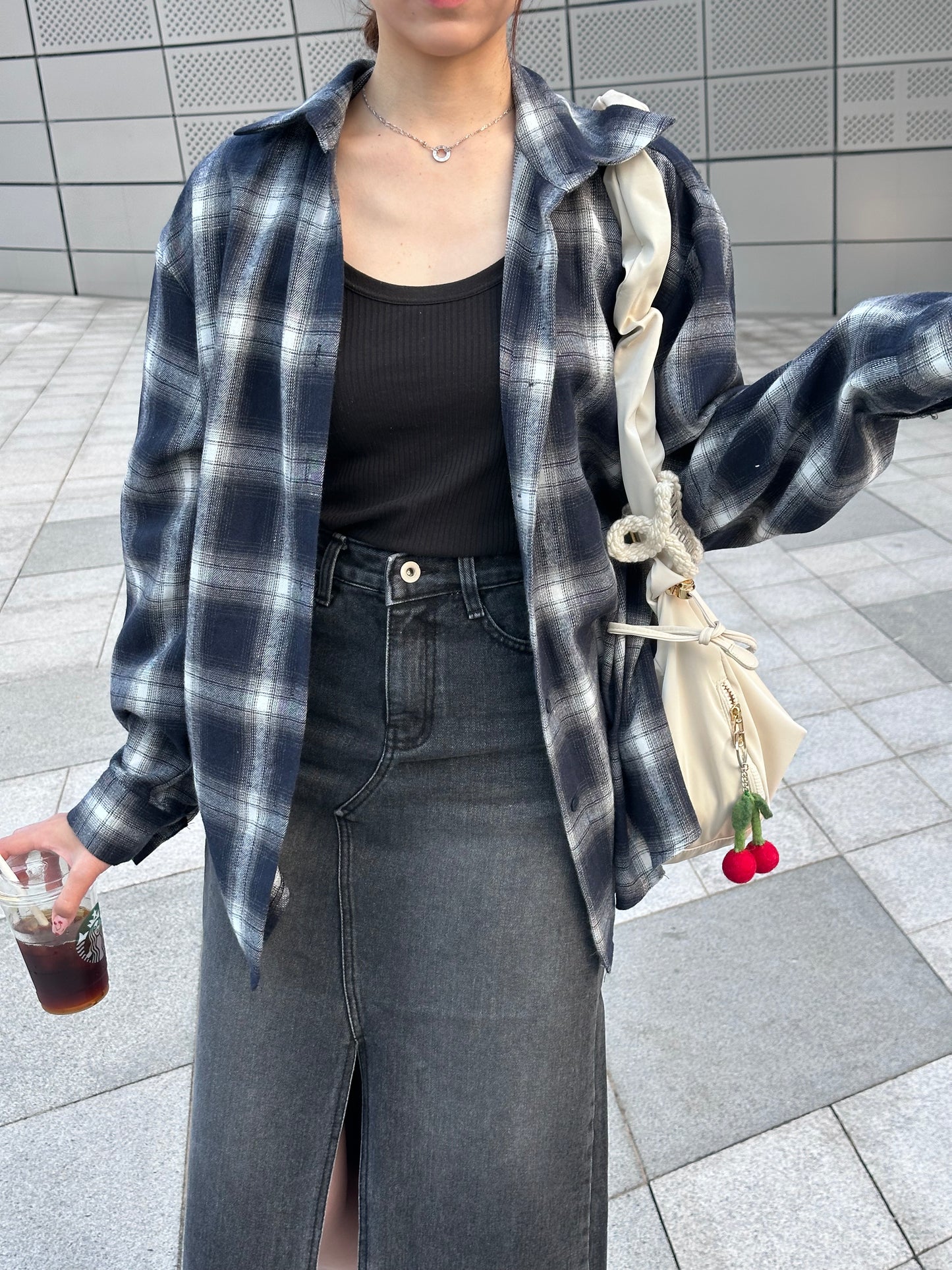 深藍色格仔棉質開胸上衣