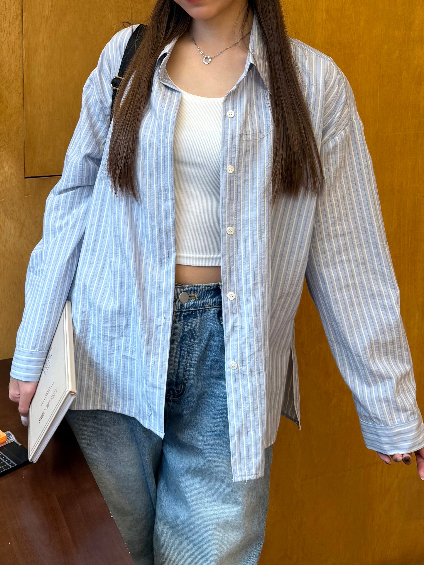 直間條紋修腰綁帶襯衣
